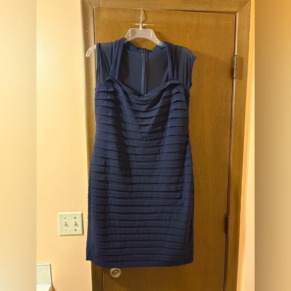 Tadashi Shoji Petite Collection Navy Ribbed Sheath Knee Length Dress